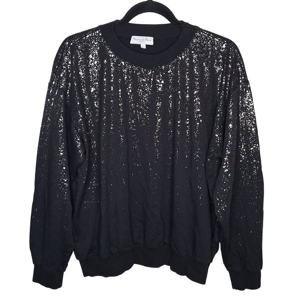 MICHAEL STARS Yeni Sparkle Sweatshirt Large Gunmetal Ombre Lounge Cozy Sparkle